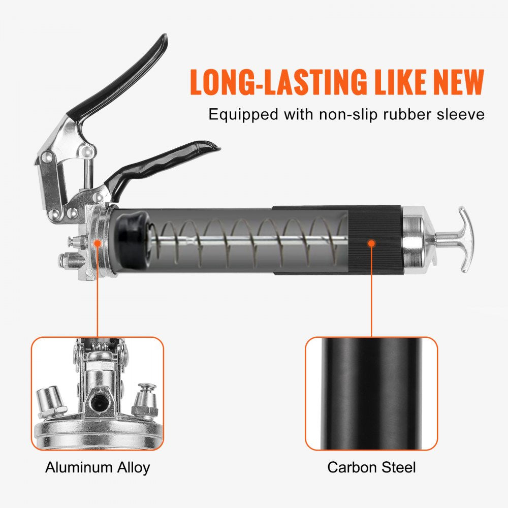 VEVOR Pistol Grip Grease Gun, 6000 PSI, 14 OZ / 400 CC Capacity Heavy Duty Professional Grease Gun, with 17.72 Inch Flexible Hose 1 Black Flat Coupler, 1 Pointed Coupler, and 1 Bent Metal Pipe