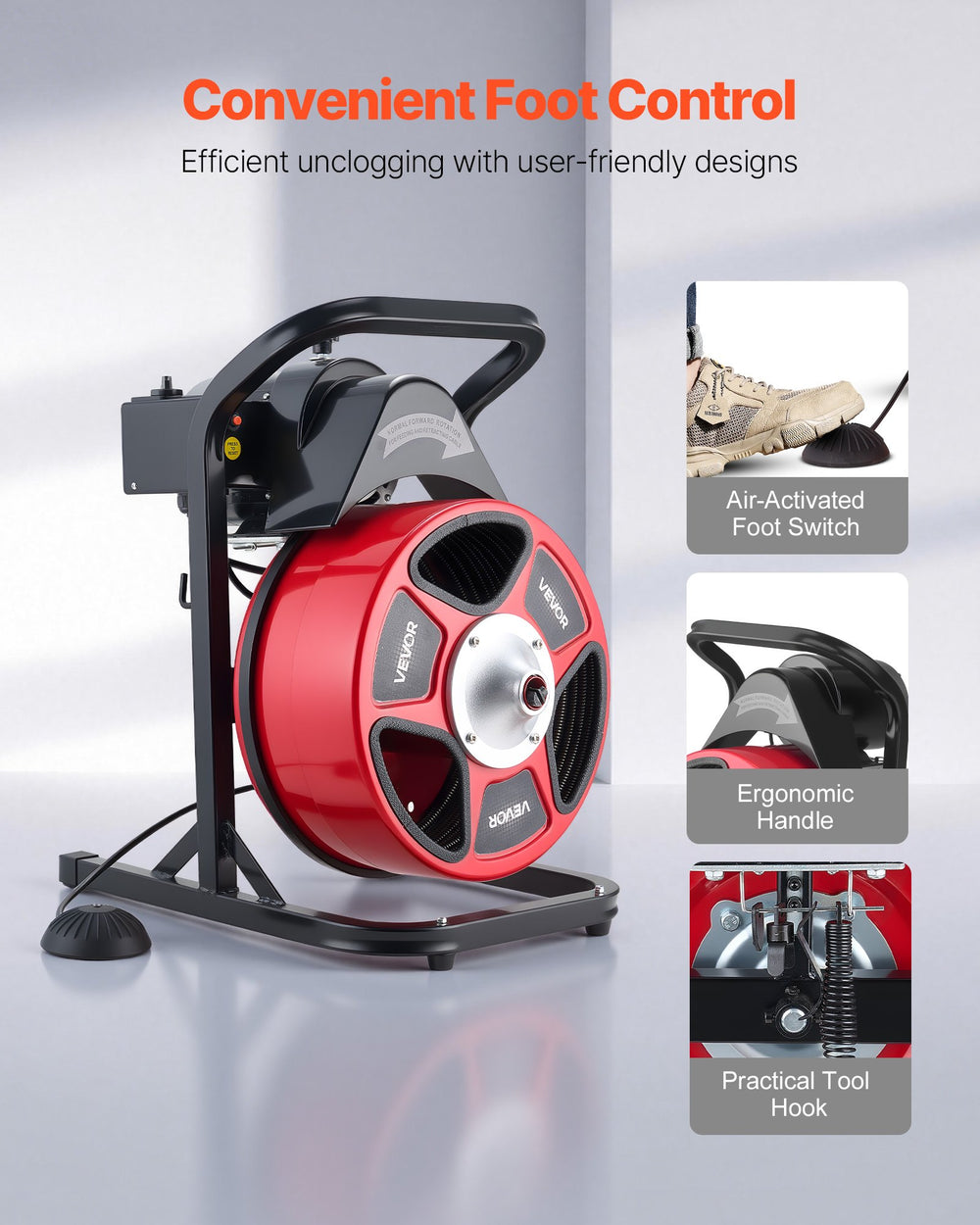 VEVOR Drain Cleaner Machine 50 FT x 1/2 Inch, Manual Feed Sewer Snake Auger with 4 Cutters & Air-Activated Foot Switch for 2" to 6" Pipes