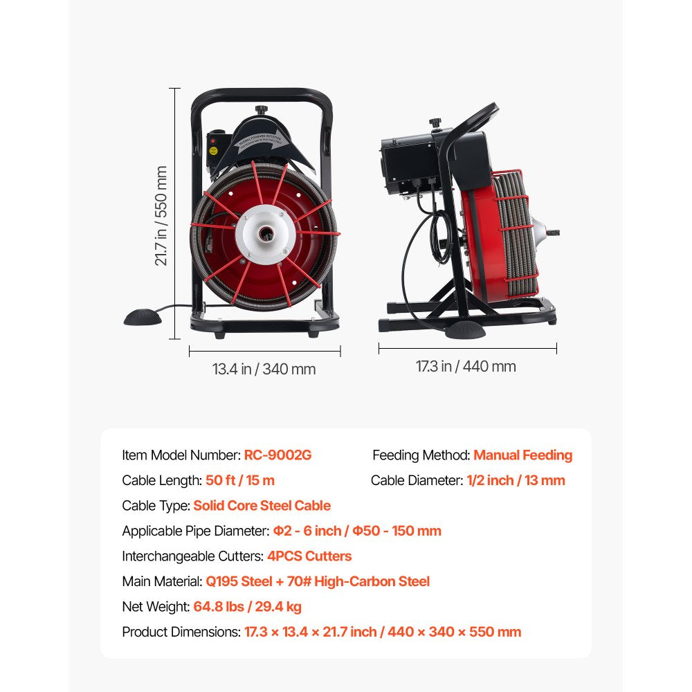 VEVOR Drain Cleaner Machine 50 FT x 1/2 Inch, Sewer Snake Auger Manual Feed with 4 Cutters & Air-activated Foot Switch for 2" to 6" Pipes