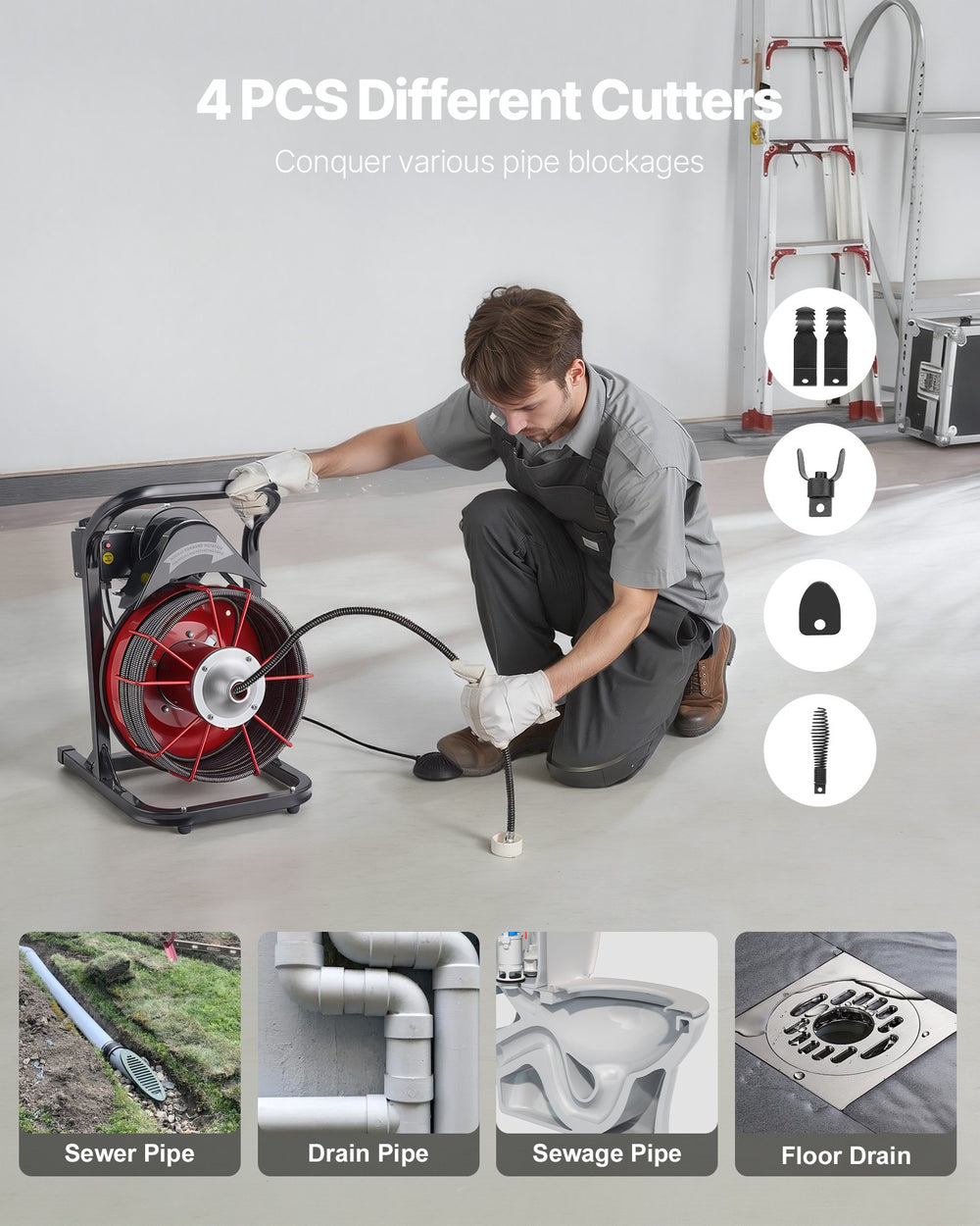 VEVOR Drain Cleaner Machine 50 FT x 1/2 Inch, Sewer Snake Auger Manual Feed with 4 Cutters & Air-activated Foot Switch for 2" to 6" Pipes