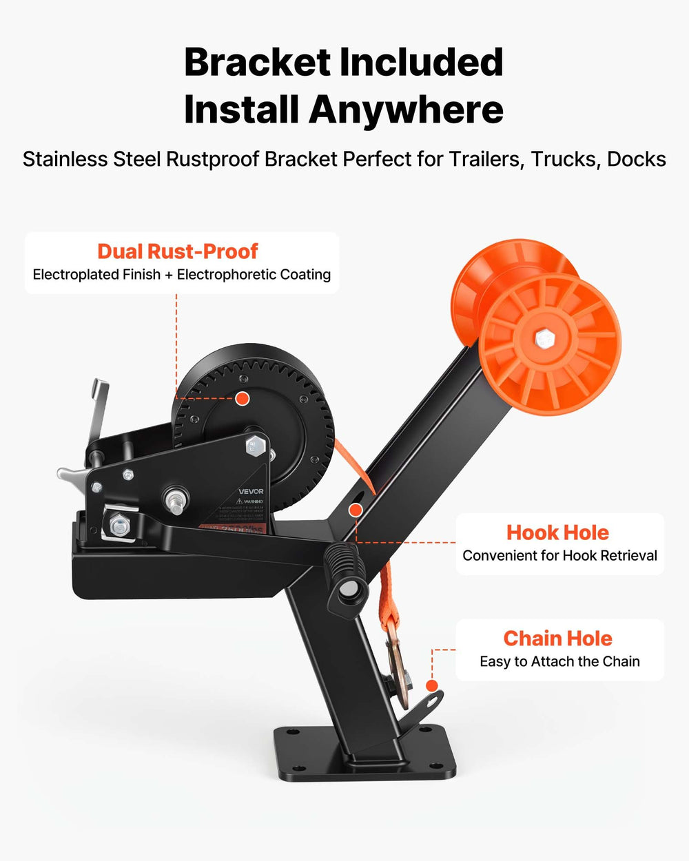 VEVOR Boat Trailer Winch Stand with Roller, 3500 lbs, 20ft Orange Polyester Strap, Boat Winch Mount, for 2-3 Inches W x 3-4 Inches H Trailer Tongue, Fit for Jet Ski, Sailboat, Speedboat