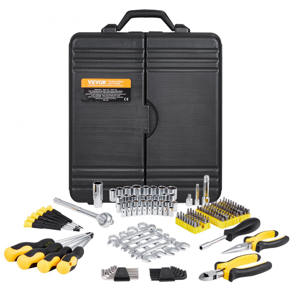 VEVOR 221-Piece Mechanics Tool Set, 1/4" and 3/8" Drive Sockets, SAE and Metric Mechanic Tool Kit with Bits, Wrenches, Ratchet Handle, Accessories, and Plastic Storage Case, for Automotive Repair