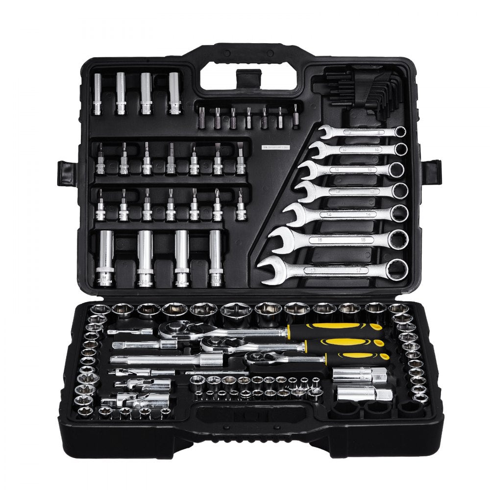 VEVOR 121-Piece Mechanics Tool Set, 1/4" 3/8" 1/2" Drive Sockets, SAE and Metric Mechanic Tool Kit with Bits, Wrenches, Ratchet Handle, Accessories, and Plastic Storage Case, for Automotive Repair