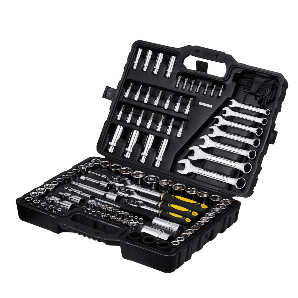 VEVOR 121-Piece Mechanics Tool Set, 1/4" 3/8" 1/2" Drive Sockets, SAE and Metric Mechanic Tool Kit with Bits, Wrenches, Ratchet Handle, Accessories, and Plastic Storage Case, for Automotive Repair
