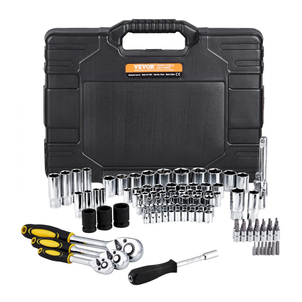 VEVOR 121-Piece Mechanics Tool Set, 1/4" 3/8" 1/2" Drive Sockets, SAE and Metric Mechanic Tool Kit with Bits, Wrenches, Ratchet Handle, Accessories, and Plastic Storage Case, for Automotive Repair
