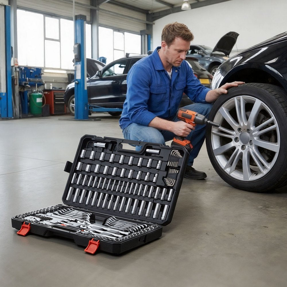 VEVOR Mechanics Tool Set, 159-Piece Mechanic Tool Kit, 1/4 in, 3/8 in, and 1/2 in Drive, SAE and Metric Socket Set, Wrenches, Screwdriver Bits, Accessories, and Storage Case, for Automotive Repair