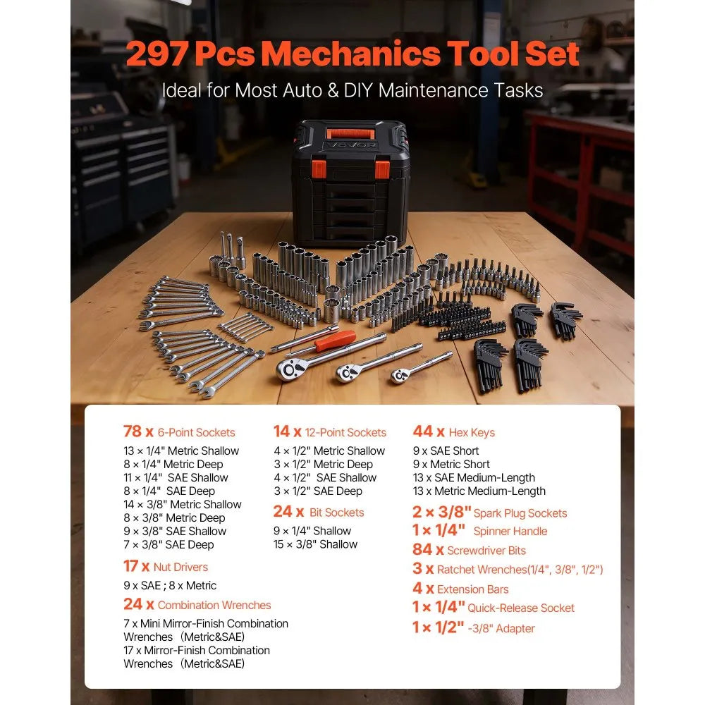 VEVOR Mechanics Tool Set, 297-Piece Mechanic Tool Kit, 1/4 in, 3/8 in, and 1/2 in Drive, SAE and Metric Socket Set, Wrenches, Screwdriver Bits, Accessories, and Storage Case, for Automotive Repair