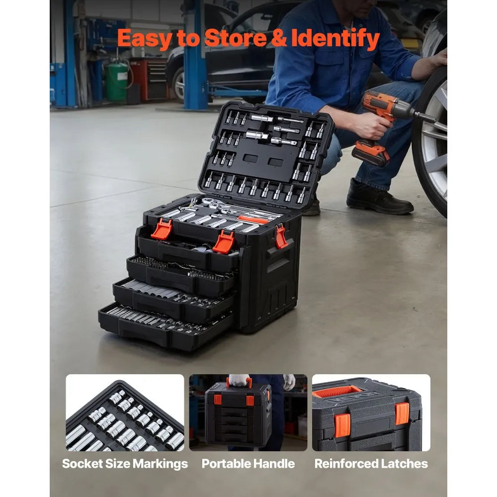 VEVOR Mechanics Tool Set, 297-Piece Mechanic Tool Kit, 1/4 in, 3/8 in, and 1/2 in Drive, SAE and Metric Socket Set, Wrenches, Screwdriver Bits, Accessories, and Storage Case, for Automotive Repair