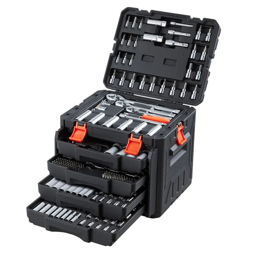 VEVOR Mechanics Tool Set, 297-Piece Mechanic Tool Kit, 1/4 in, 3/8 in, and 1/2 in Drive, SAE and Metric Socket Set, Wrenches, Screwdriver Bits, Accessories, and Storage Case, for Automotive Repair