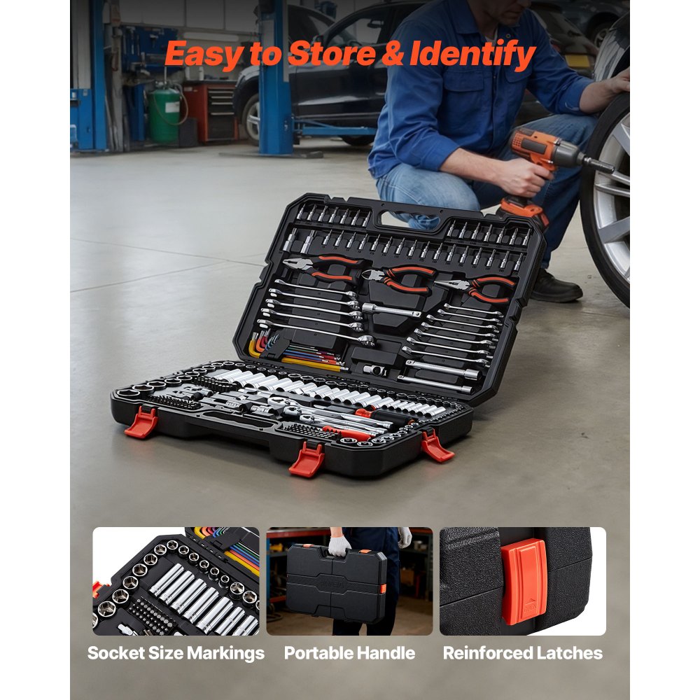 VEVOR Mechanics Tool Set, 314-Piece Mechanic Tool Kit, 1/4 in, 3/8 in, and 1/2 in Drive, Metric Socket Set, Wrenches, Screwdriver Bits, Accessories, and Storage Case, for Automotive and Home Repair