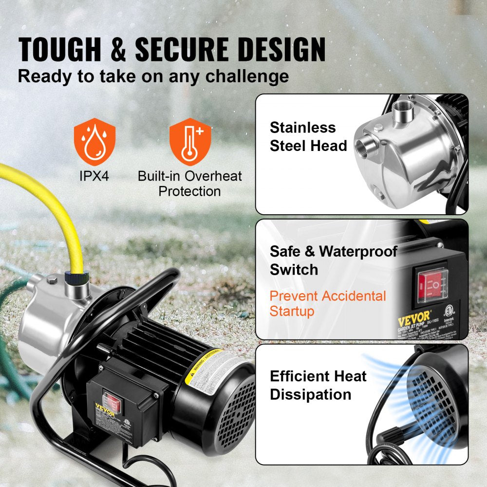 VEVOR Shallow Well Pump, 1.1 HP 115V, 978 GPH 131 ft Height, 40psi Max Pressure, Portable Stainless Steel Sprinkler Booster Jet Pumps for Garden Lawn Irrigation system, Lake Fountain, Water Transfer
