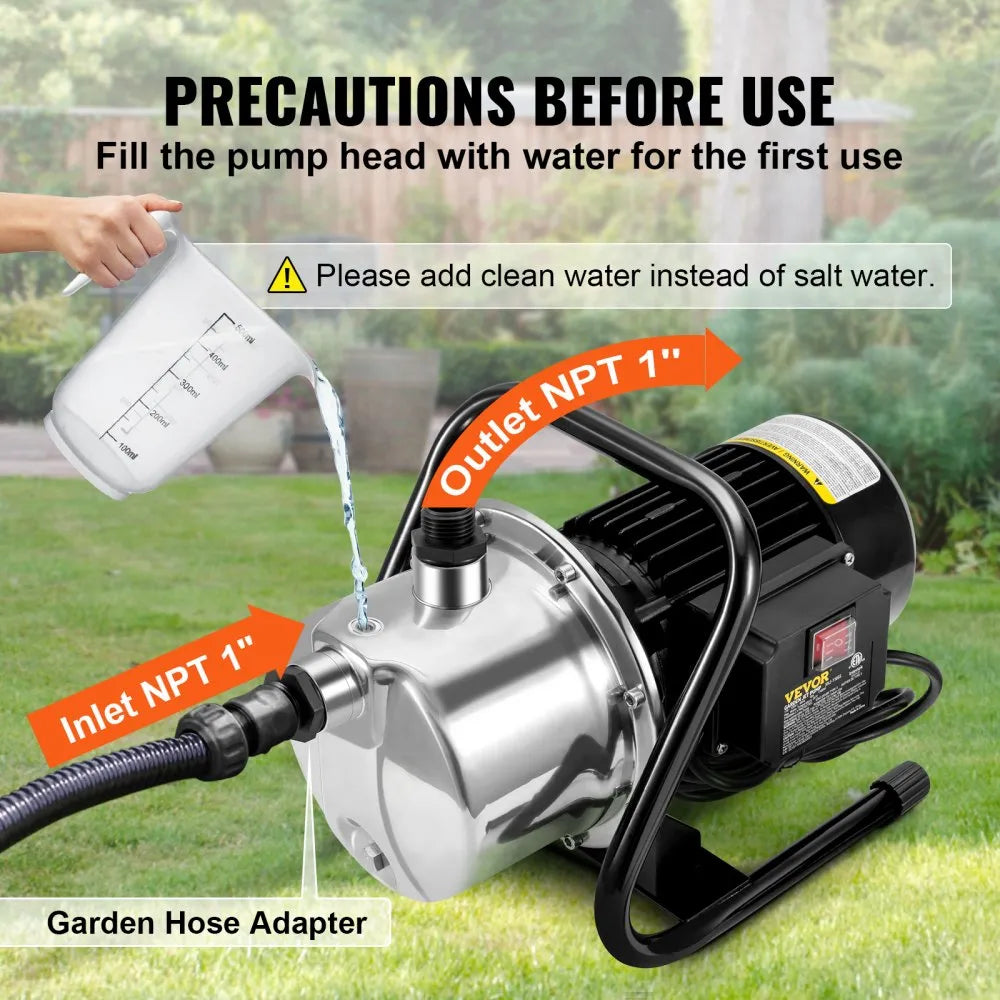 VEVOR Shallow Well Pump, 1.1 HP 115V, 978 GPH 131 ft Height, 40psi Max Pressure, Portable Stainless Steel Sprinkler Booster Jet Pumps for Garden Lawn Irrigation system, Lake Fountain, Water Transfer