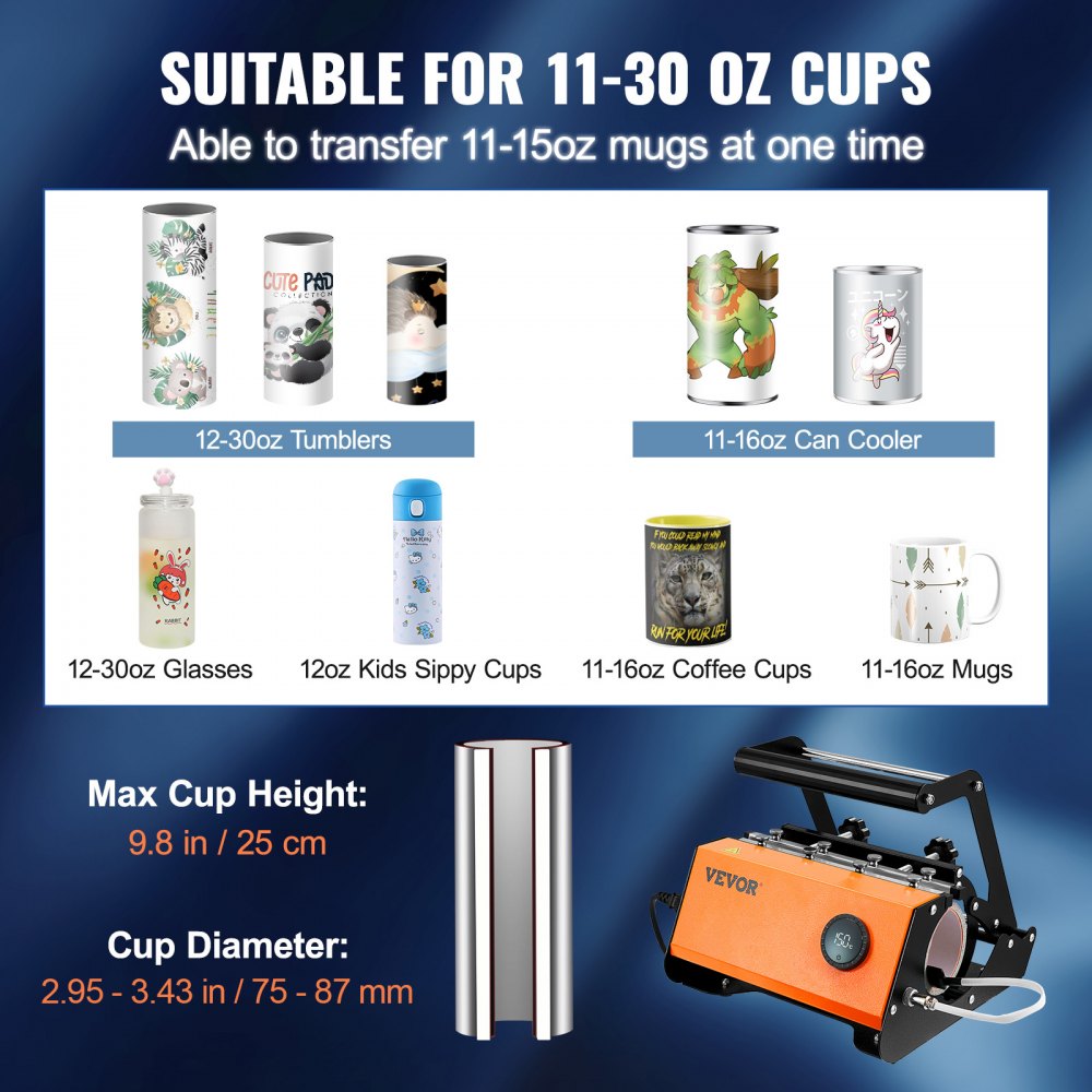 VEVOR Tumbler Heat Press, 30oz Mug Heat Press Machine, Sublimation Transfer 11-15oz 16-25oz 30oz Straight Skinny Tumblers, with Heat-Resist Gloves and Tape, for DIY Ceramic Mugs Cups Glasses