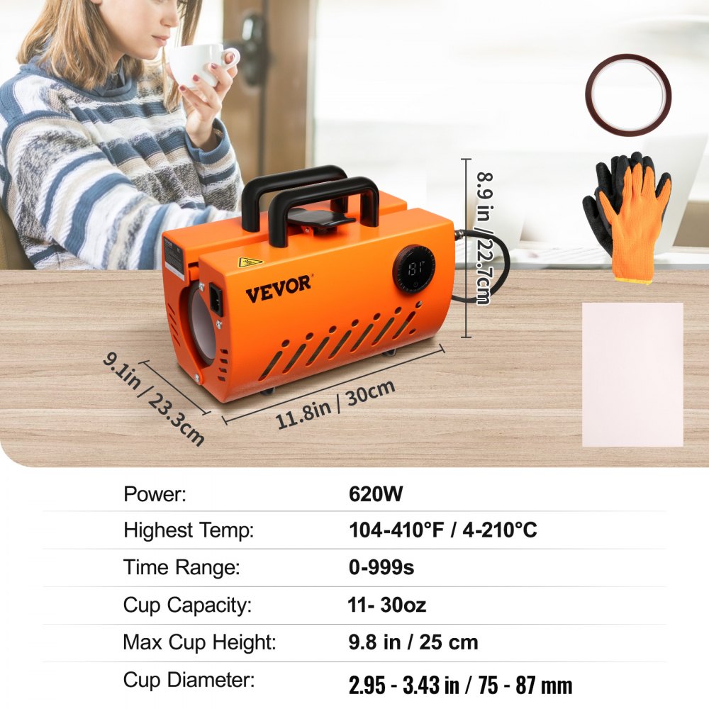 VEVOR Mug Heat Press Machine, 30oz Tumbler Heat Press, Sublimation Transfer 11-15oz 16-25oz 30oz Straight Skinny Tumblers, Cup Heat Press with Heat-resist Gloves, Tape, DIY Ceramic Mugs Glasses