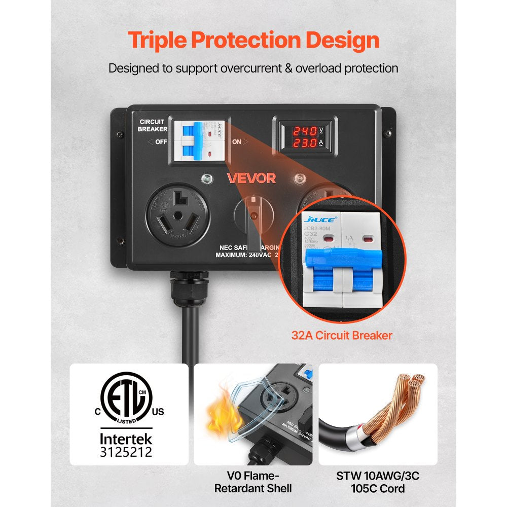 VEVOR Manual EV Charging Switch, NEMA 10-30, Splitter Switch for Dryer & EV, 24A Max 240V Manual Power Distribution with Circuit Breaker, Real-Time Display, Hand-Operated Selector, Plug and Play, ETL