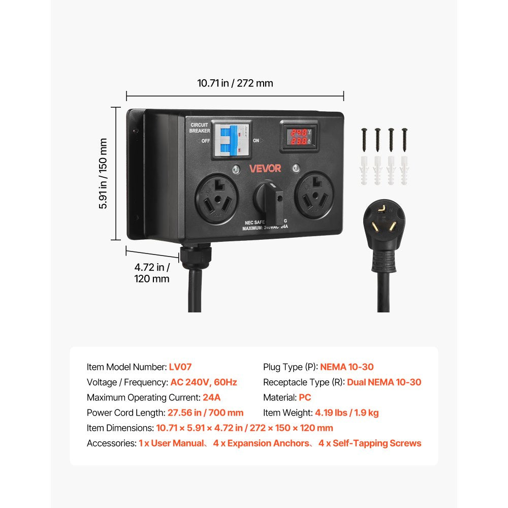 VEVOR Manual EV Charging Switch, NEMA 10-30, Splitter Switch for Dryer & EV, 24A Max 240V Manual Power Distribution with Circuit Breaker, Real-Time Display, Hand-Operated Selector, Plug and Play, ETL