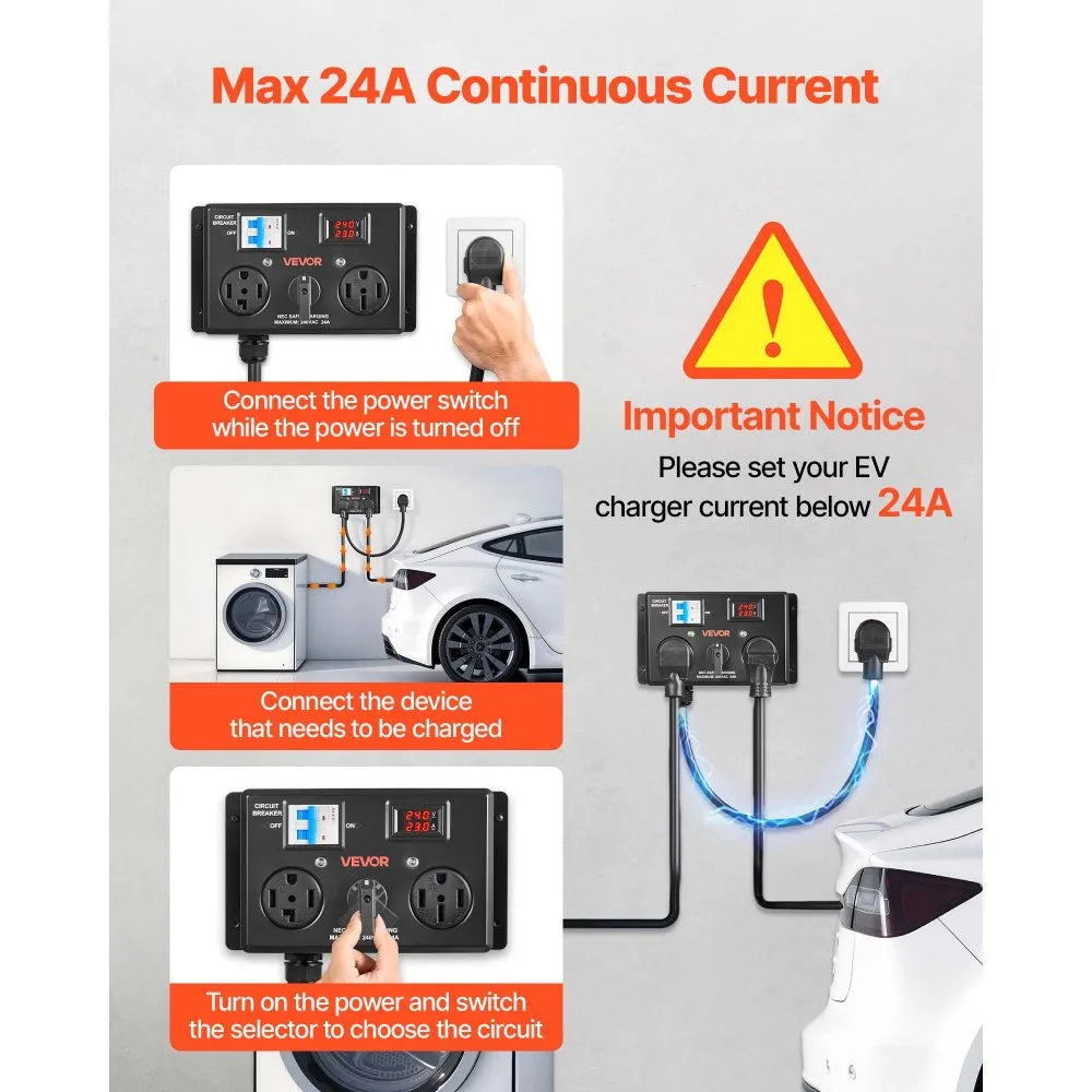 VEVOR Manual EV Charging Switch, NEMA 14-30P to 14-30R & 14-50R, Splitter Switch for Dryer & EV, 24A Max 240V Manual Power Distribution with Circuit Breaker, Hand-Operated Selector, Plug and Play, ETL