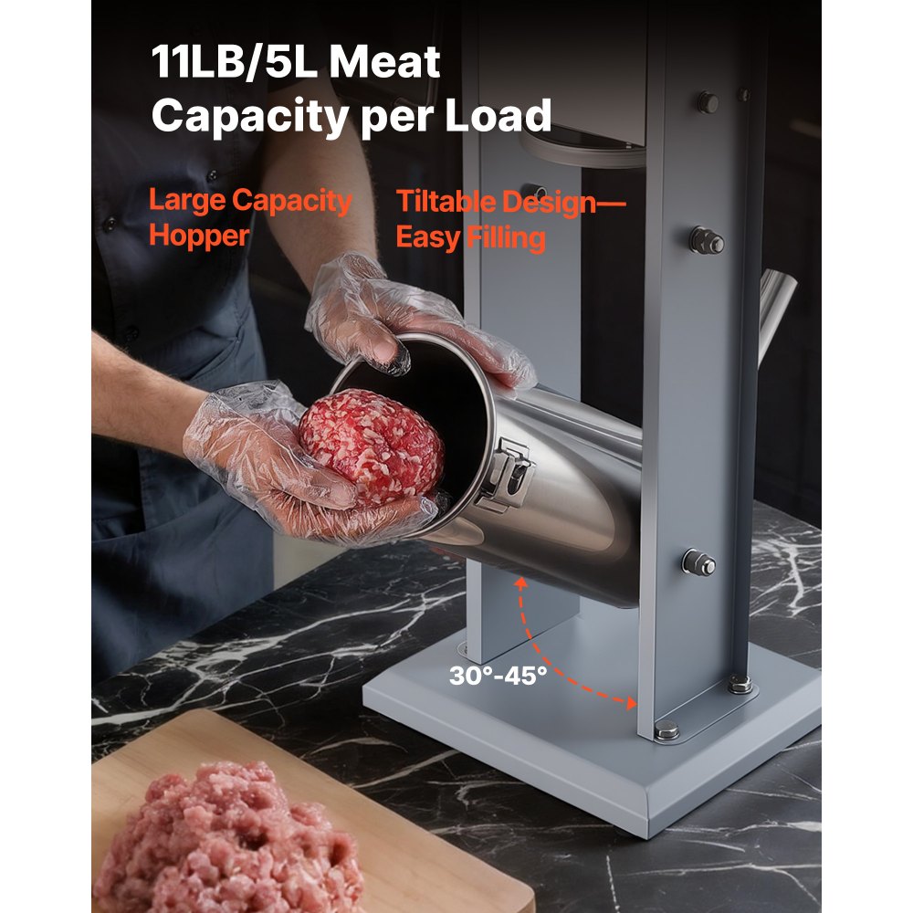 VEVOR Manual Sausage Stuffer, 11 LBS / 5 L Vertical Meat Stuffer, Heavy Duty Sausage Casing Meat Stuffing Machine, Dual-Speed Stainless Steel Filler with 5 Filling Tubes, for Commercial and Home Use