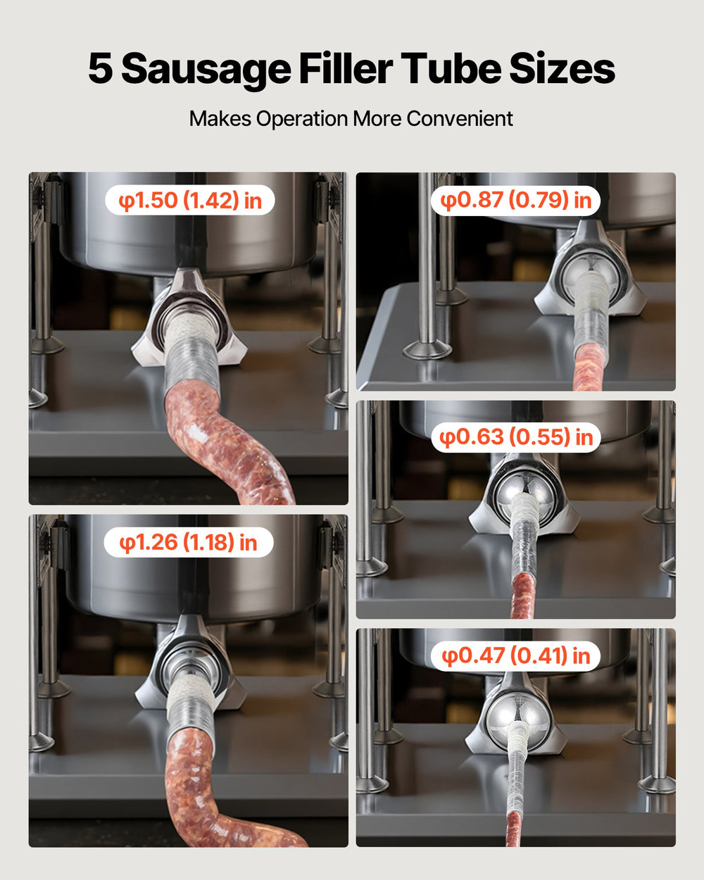 Five sausage filler tube sizes included (0.47 to 1.50 in)