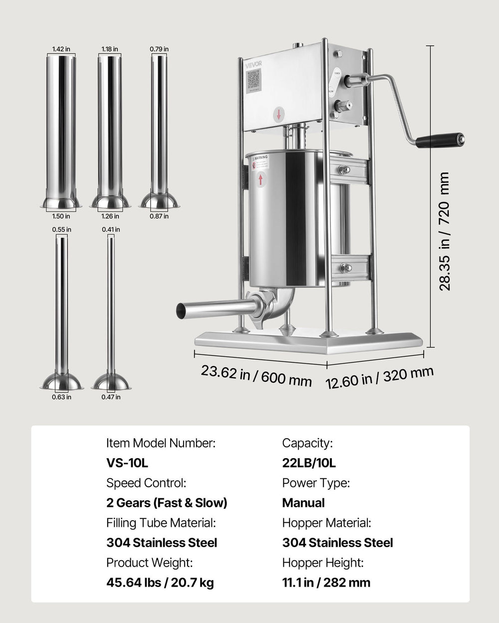 VEVOR VS-10L sausage stuffer dimensions and key specs graphic
