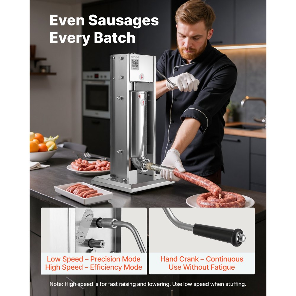 VEVOR Manual Sausage Stuffer, 11 LBS / 5 L Vertical Meat Stuffer, Dual-Speed Sausage Casing Meat Filling Machine, Stainless Steel Heavy Duty Filler with 5 Stuffing Tubes, for Commercial & Home Use