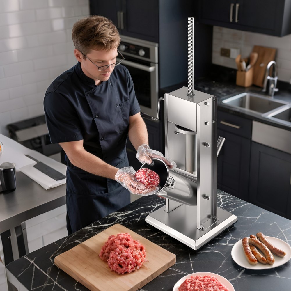 VEVOR Manual Sausage Stuffer, 11 LBS / 5 L Vertical Meat Stuffer, Dual-Speed Sausage Casing Meat Filling Machine, Stainless Steel Heavy Duty Filler with 5 Stuffing Tubes, for Commercial & Home Use