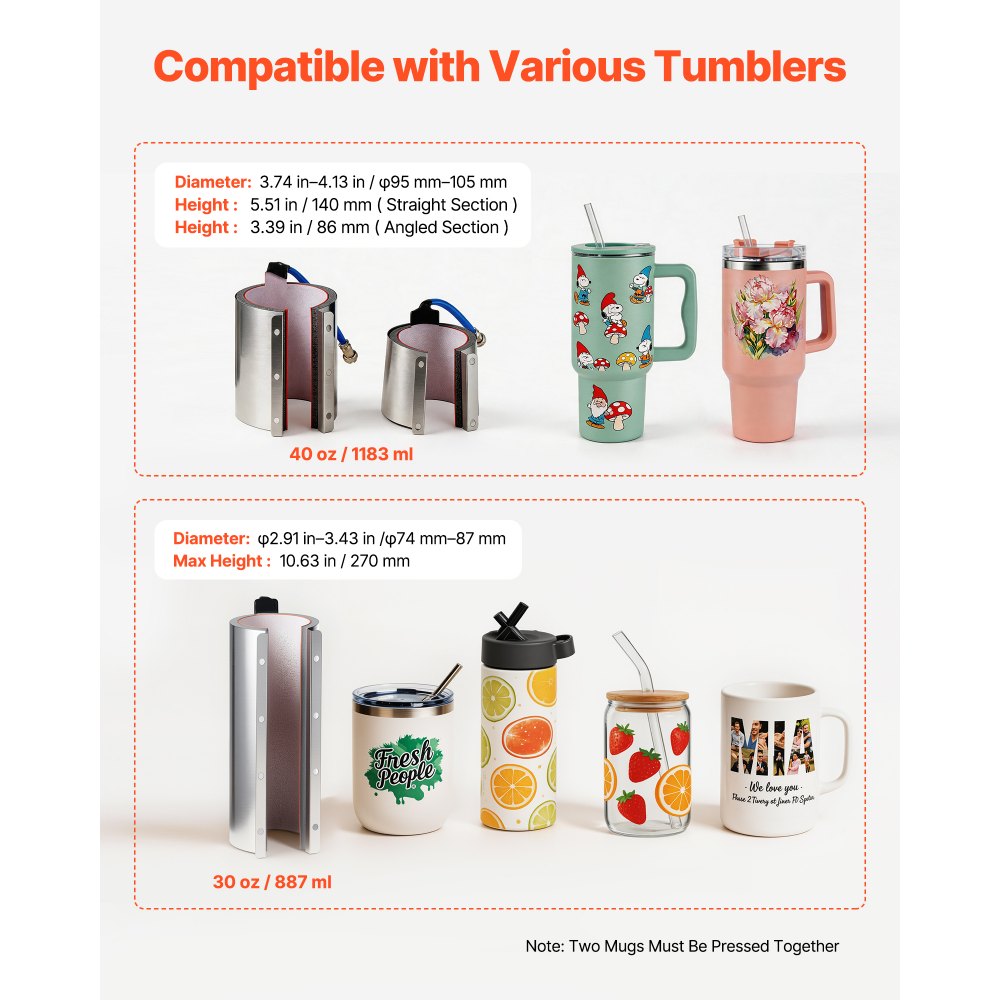 VEVOR Tumbler Heat Press Machine, 30 oz and 40 oz Mug Press, Fast and Even Heating, with Tape, Gloves, Easy Temp and Time Setting, Heat Transfer for Sublimation Tumblers, Cups, Mugs, Black and White