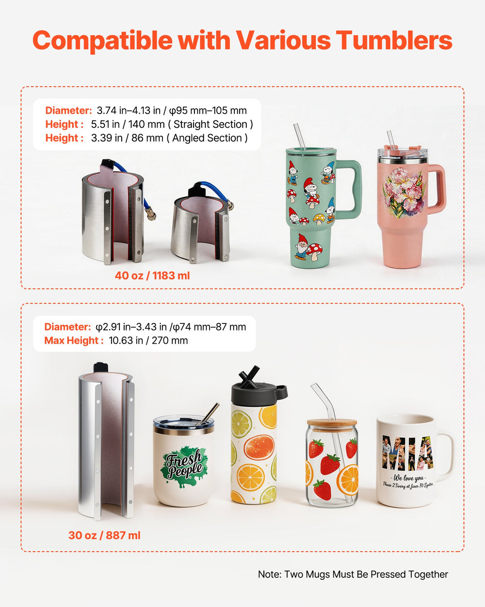 VEVOR Tumbler Heat Press Machine, 30 oz and 40 oz Mug Press, Fast and Even Heating, with Tape, Gloves, Easy Temp and Time Setting, Heat Transfer for Sublimation Tumblers, Cups, Mugs, Black and White