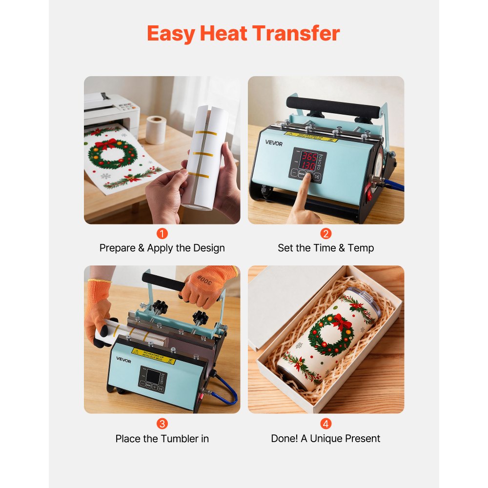 VEVOR Tumbler Heat Press Machine, 11-30 oz Mug Press, Fast and Even Heating, with Tape and Gloves, Easy Temp and Time Setting, Heat Transfer for Sublimation Tumblers, Cups, Mugs, Black and Green