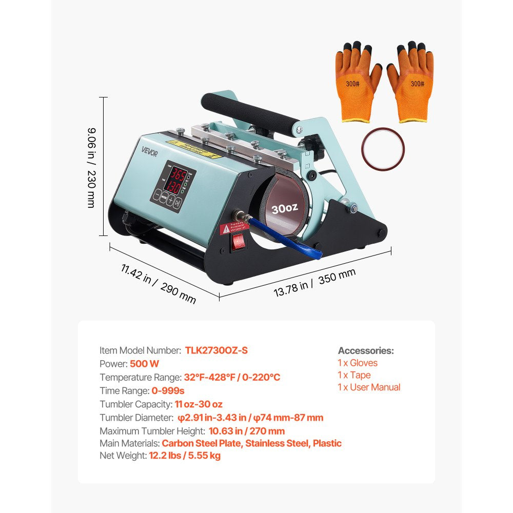 VEVOR Tumbler Heat Press Machine, 11-30 oz Mug Press, Fast and Even Heating, with Tape and Gloves, Easy Temp and Time Setting, Heat Transfer for Sublimation Tumblers, Cups, Mugs, Black and Green