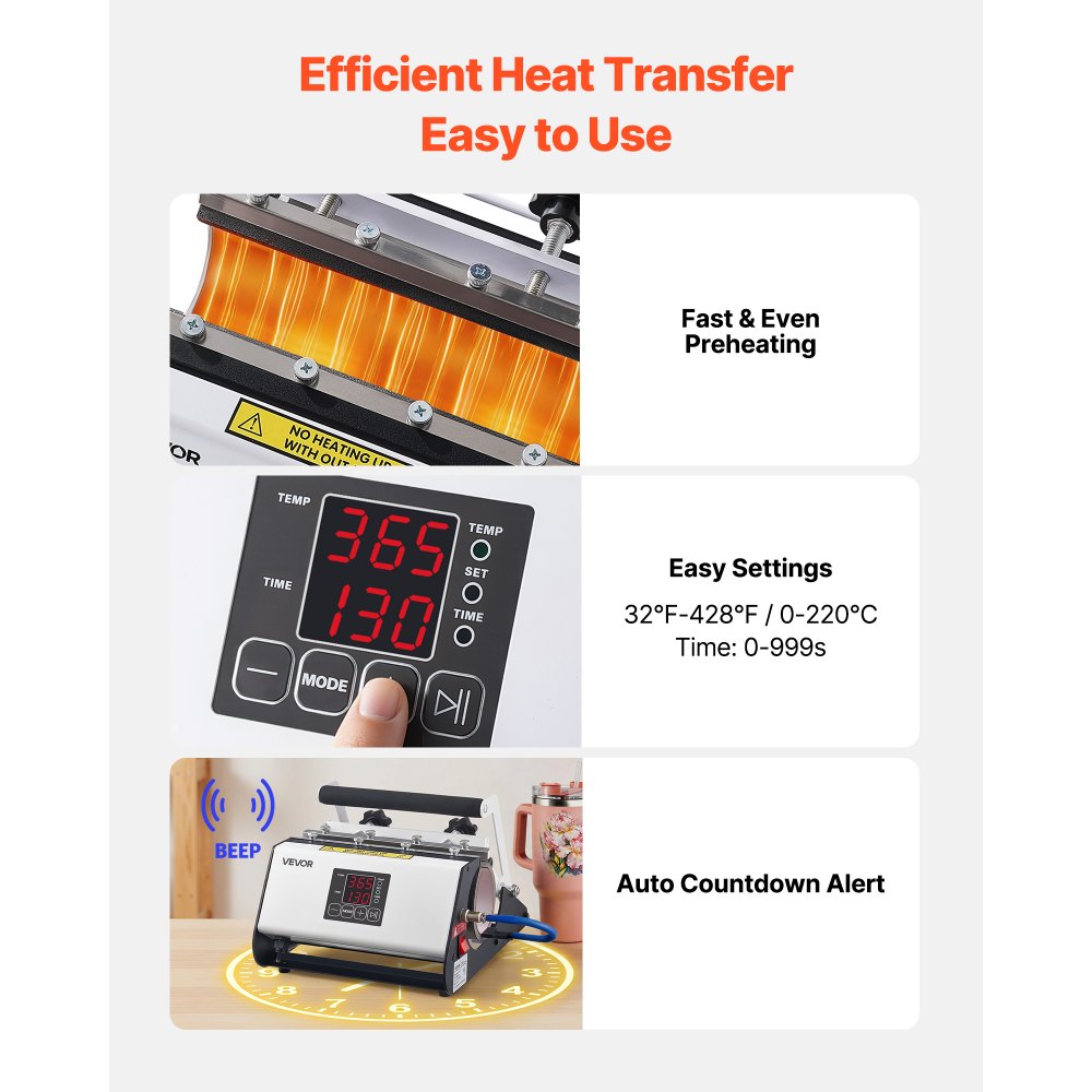 VEVOR Tumbler Heat Press Machine, 11-30 oz Mug Press, Fast and Even Heating, with Tape and Gloves, Easy Temp and Time Setting, Heat Transfer for Sublimation Tumblers, Cups, Mugs, Black and White