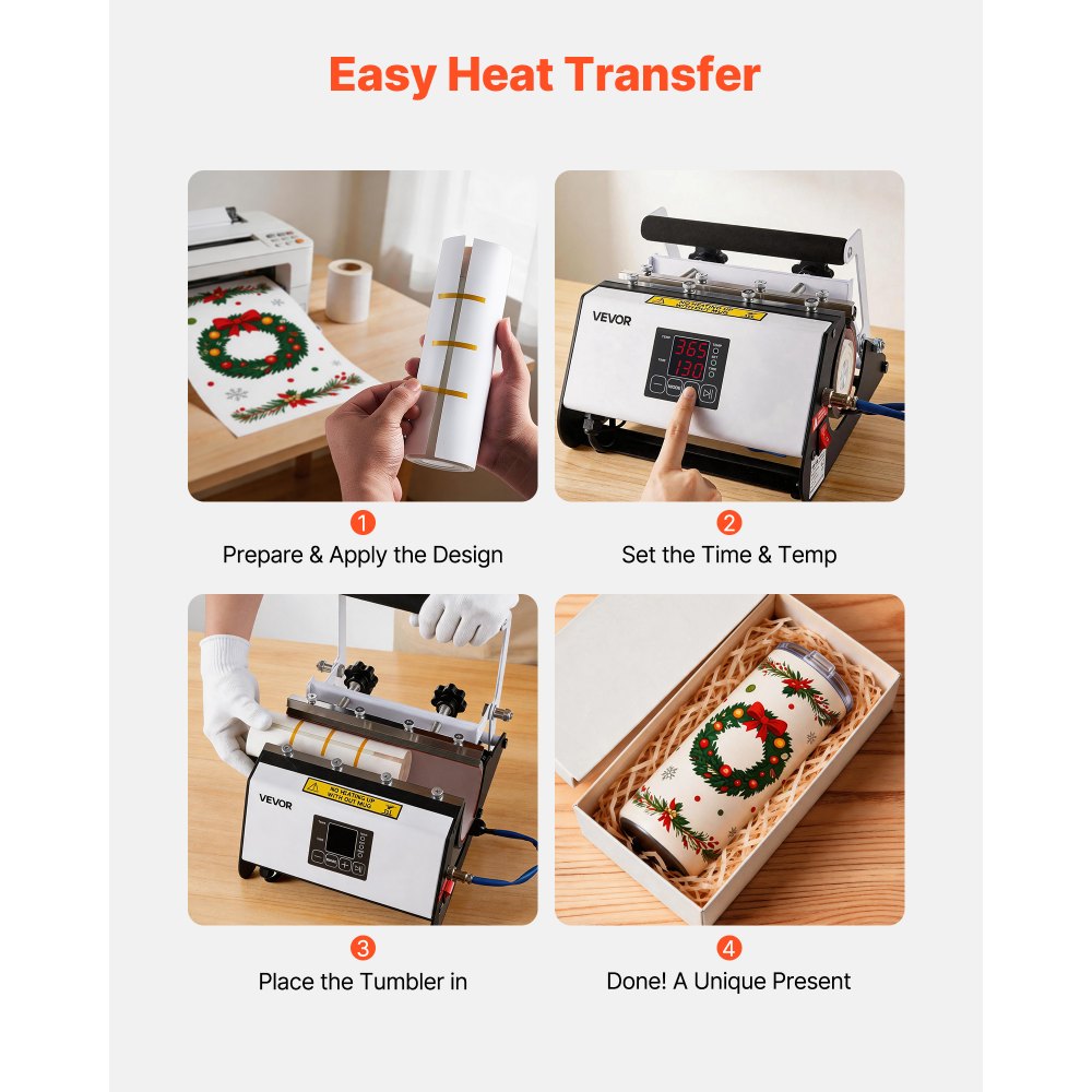 VEVOR Tumbler Heat Press Machine, 11-30 oz Mug Press, Fast and Even Heating, with Tape and Gloves, Easy Temp and Time Setting, Heat Transfer for Sublimation Tumblers, Cups, Mugs, Black and White