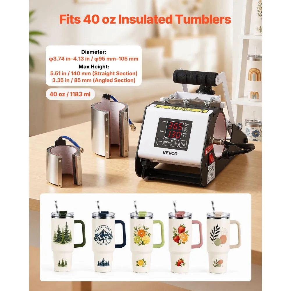 VEVOR Tumbler Heat Press Machine, 40 oz Tumbler Press, Fast and Even Heating, with Tape, Gloves, Easy Temp and Time Setting, Heat Transfer for Sublimation Insulated Tumblers, Cups, Black and White