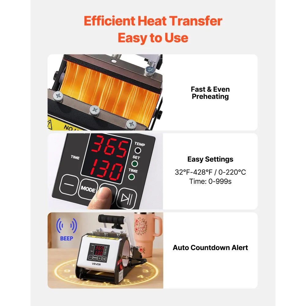 VEVOR Tumbler Heat Press Machine, 40 oz Tumbler Press, Fast and Even Heating, with Tape, Gloves, Easy Temp and Time Setting, Heat Transfer for Sublimation Insulated Tumblers, Cups, Black and White