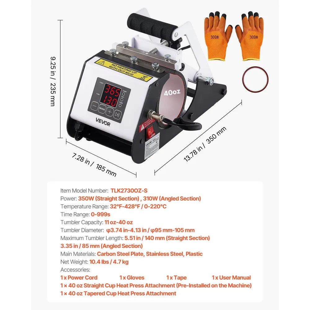 VEVOR Tumbler Heat Press Machine, 40 oz Tumbler Press, Fast and Even Heating, with Tape, Gloves, Easy Temp and Time Setting, Heat Transfer for Sublimation Insulated Tumblers, Cups, Black and White
