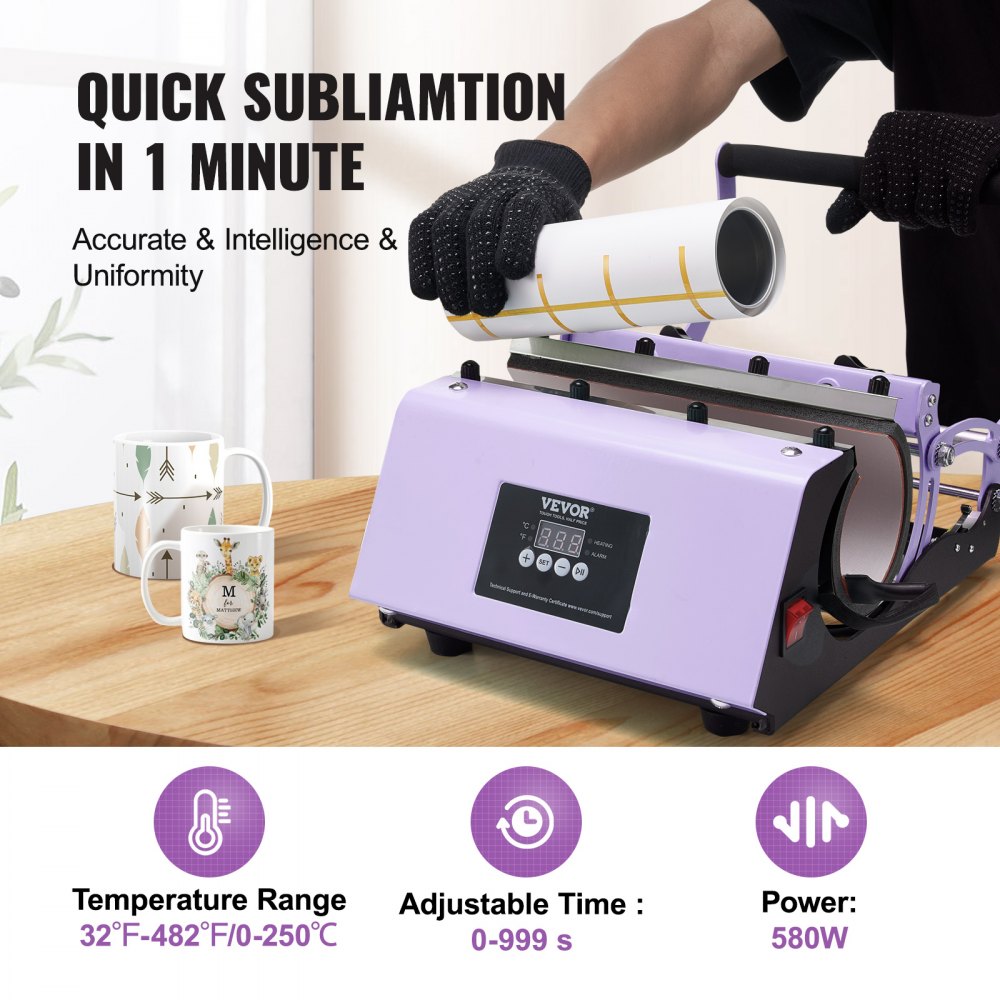 VEVOR Tumbler Heat Press Machine, 11-30oz Mug Press, Heat Up Fast and Even, Tumbler Press with Sublimation Paper, Tape and Gloves, Temp and Time Setting, for Sublimation Tumblers, Cups, Mugs, Purple