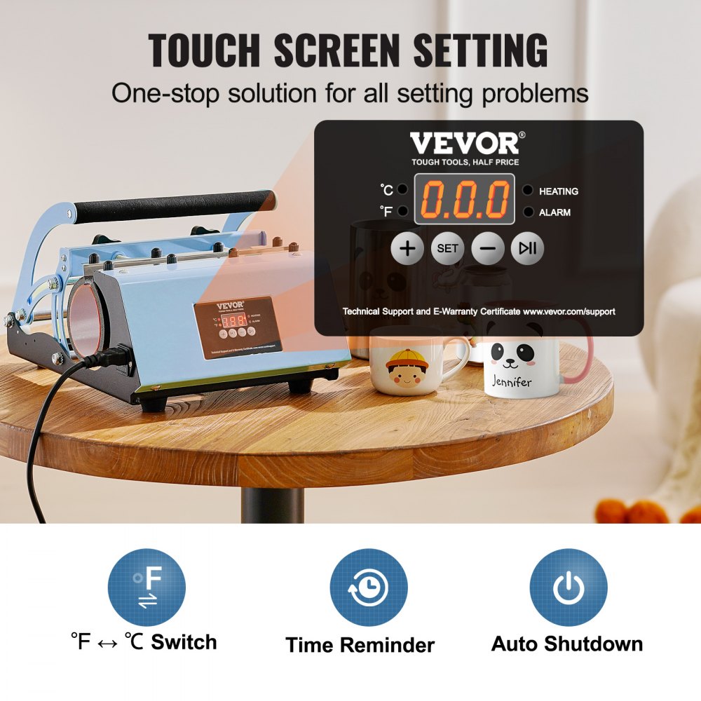 VEVOR Tumbler Heat Press Machine, 11-30oz Mug Press, Heat Up Fast and Even, Tumbler Press with Sublimation Paper, Tape and Gloves, Temp and Time Setting, for Sublimation Tumblers, Cups, Mugs, Blue