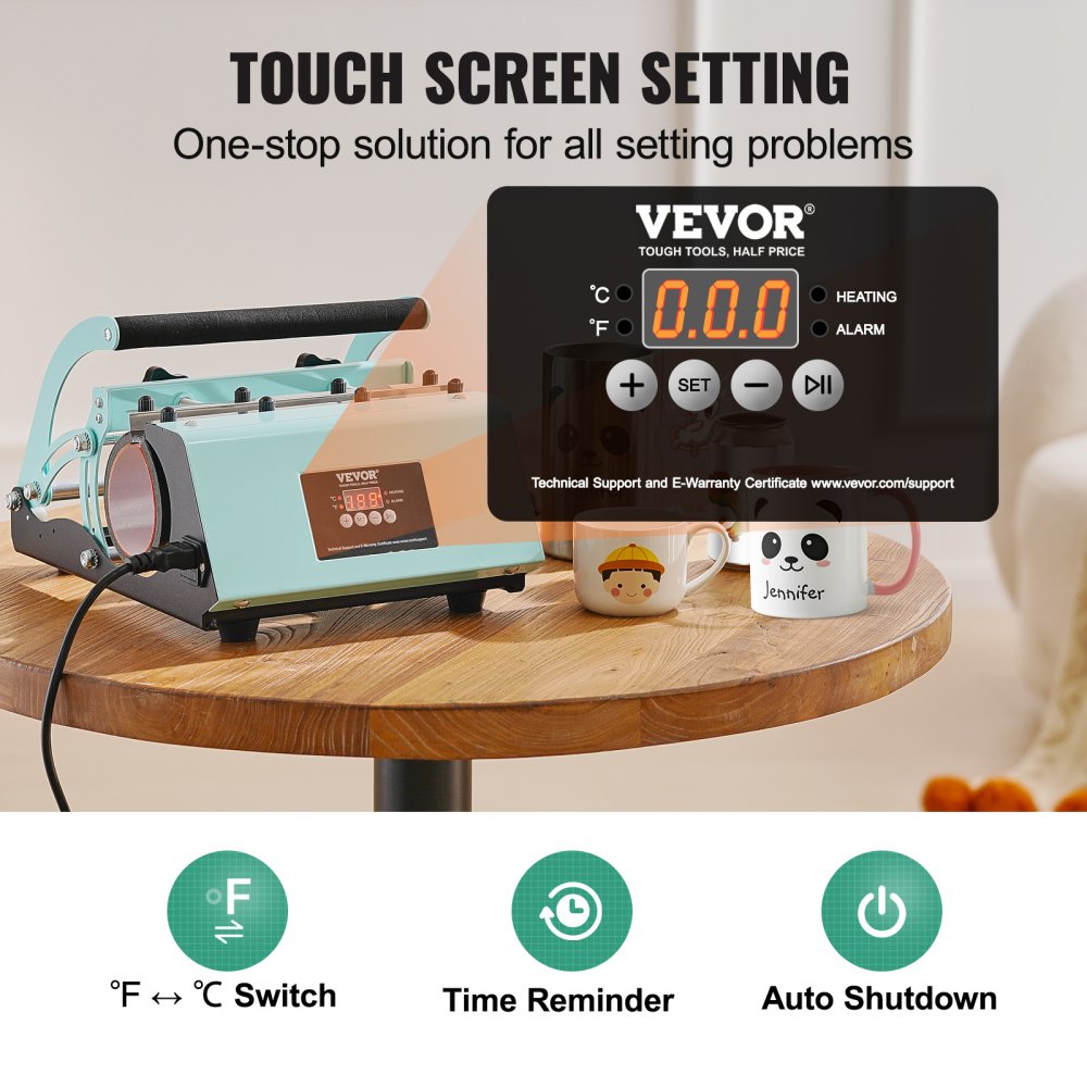 VEVOR Tumbler Heat Press Machine, 11-30oz Mug Press, Heat Up Fast and Even, Tumbler Press with Sublimation Paper, Tape and Gloves, Temp and Time Setting, for Sublimation Tumblers, Cups, Mugs, Green