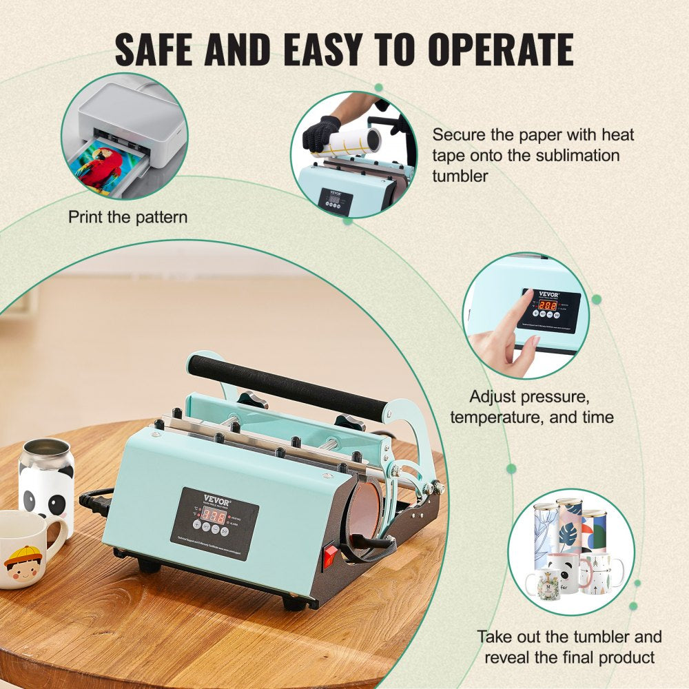 VEVOR Tumbler Heat Press Machine, 11-30oz Mug Press, Heat Up Fast and Even, Tumbler Press with Sublimation Paper, Tape and Gloves, Temp and Time Setting, for Sublimation Tumblers, Cups, Mugs, Green