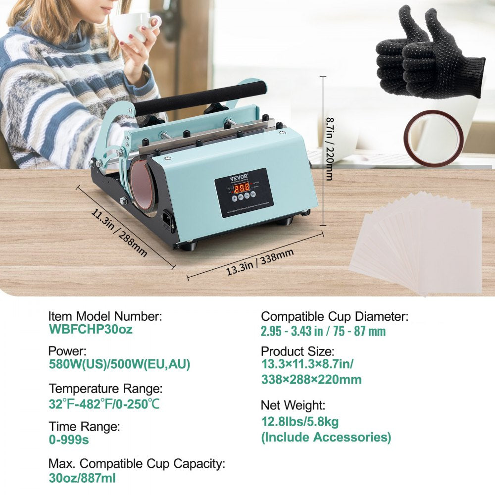 VEVOR Tumbler Heat Press Machine, 11-30oz Mug Press, Heat Up Fast and Even, Tumbler Press with Sublimation Paper, Tape and Gloves, Temp and Time Setting, for Sublimation Tumblers, Cups, Mugs, Green