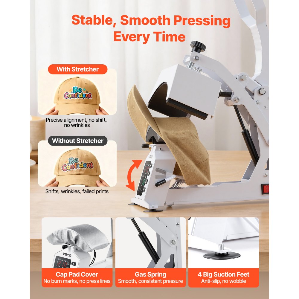 VEVOR Hat Heat Press Machine, with 4 Interchangeable Platens and Caps Stretcher, Precise Temperature & Time Control, Heat Press for Hats and Caps, for HTV Iron On and Sublimation Projects, White