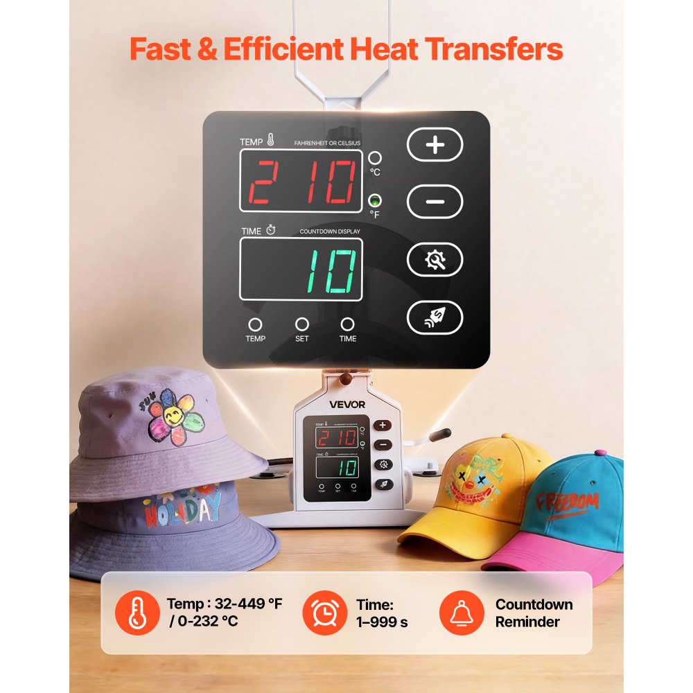 VEVOR Hat Heat Press Machine, with 2 Interchangeable Platens and Caps Stretcher, Precise Temperature & Time Control, Heat Press for Hats and Caps, for HTV Iron On and Sublimation Projects, White