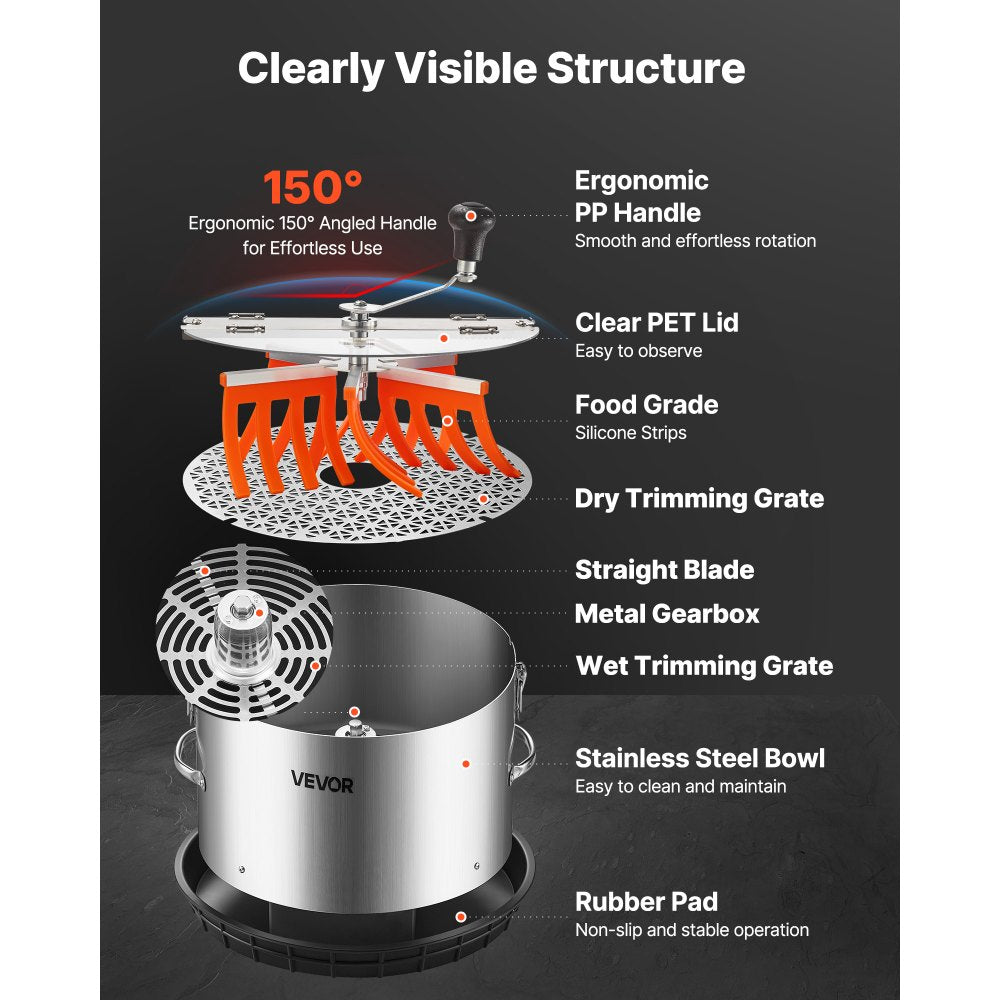 VEVOR Manual Bud Leaf Trimmer, 16 in Reaper Bowl Bud Trimmer with Stainless Steel Blades, Visual Cutting, Wet & Dry Hydroponic Cutting Machine with Tray, Twisted Spin Cut for Plant Buds Flowers