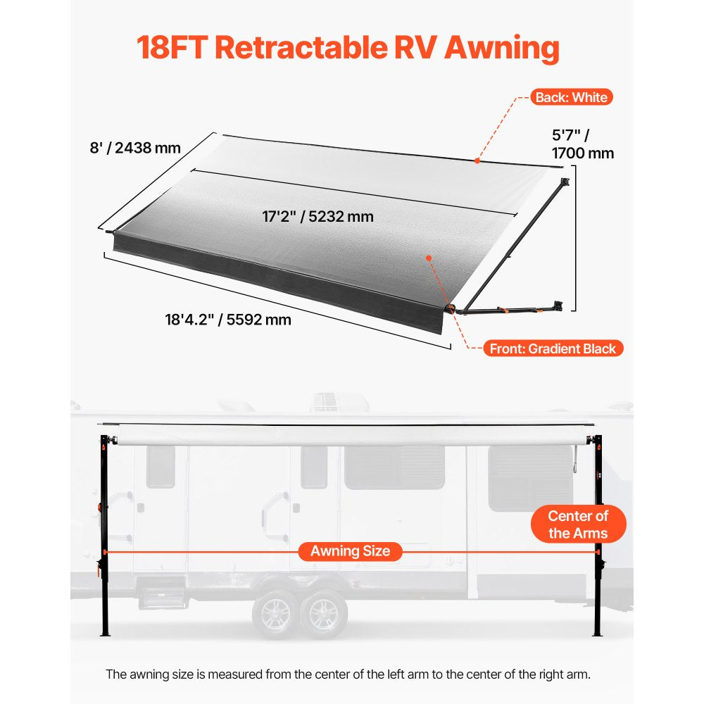 VEVOR Manual RV Awning Complete Kit, 18.12FT Retractable RV Awning with Aluminum Alloy Frame & Waterproof PVC Fabric, Outdoor Camping Trailer Awnings Fit Most RVs (18FT Type, Gradient Black)