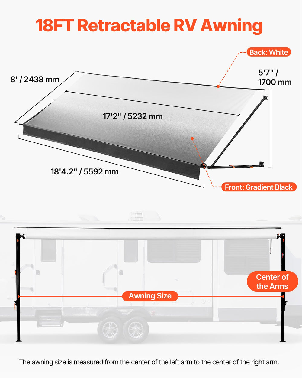 VEVOR Manual RV Awning Complete Kit, 18.12FT Retractable RV Awning with Aluminum Alloy Frame & Waterproof PVC Fabric, Outdoor Camping Trailer Awnings Fit Most RVs (18FT Type, Gradient Black)