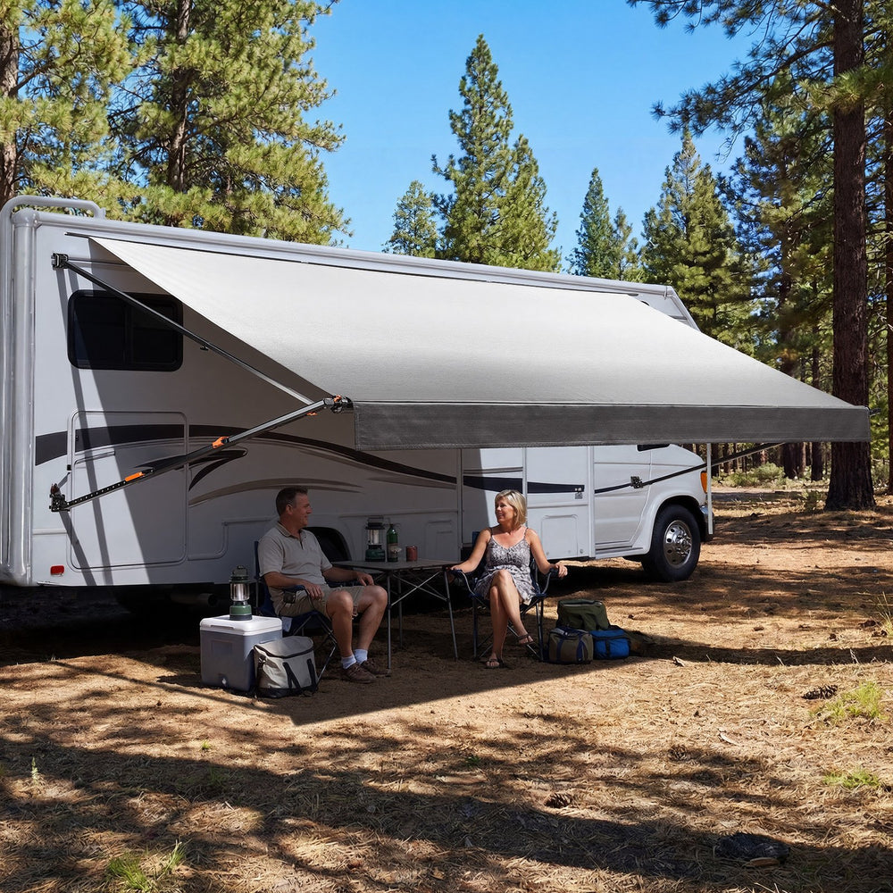 VEVOR Manual RV Awning Complete Kit, 18.12FT Retractable RV Awning with Aluminum Alloy Frame & Waterproof PVC Fabric, Outdoor Camping Trailer Awnings Fit Most RVs (18FT Type, Gradient Black)