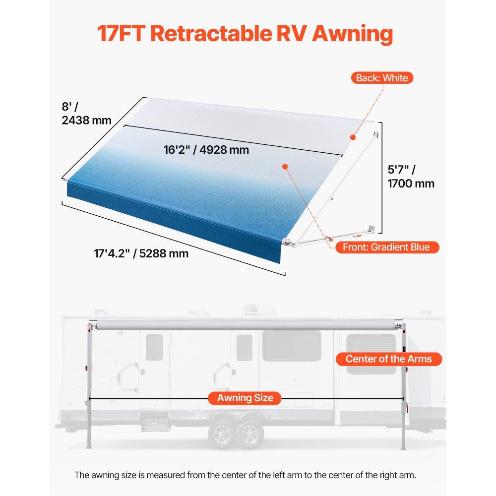 VEVOR Manual RV Awning Complete Kit, 17.12FT Retractable RV Awning with Aluminum Alloy Frame & Waterproof PVC Fabric, Outdoor Camping Trailer Awnings Fit Most RVs (17FT Type, Gradient Blue)