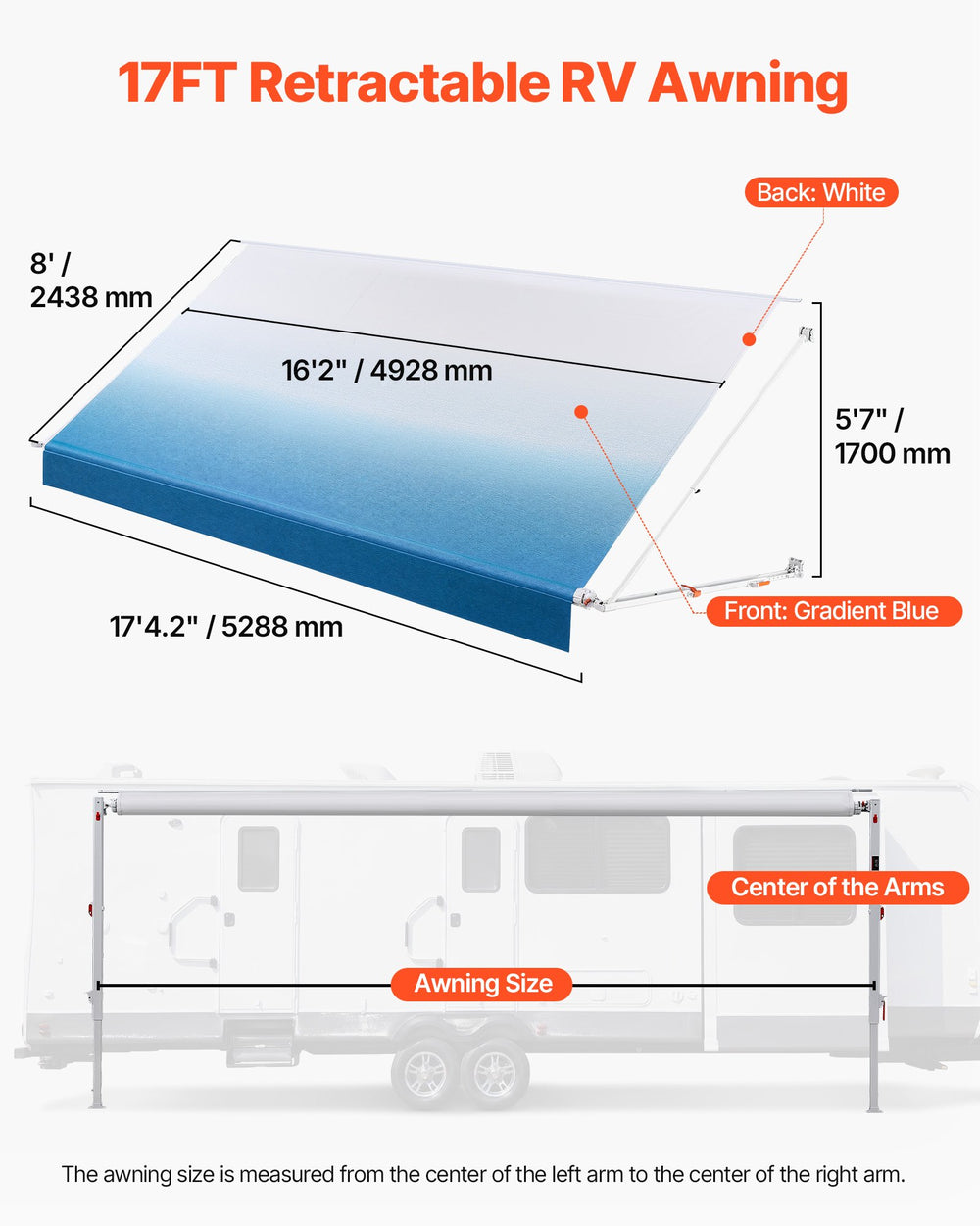 VEVOR Manual RV Awning Complete Kit, 17.12FT Retractable RV Awning with Aluminum Alloy Frame & Waterproof PVC Fabric, Outdoor Camping Trailer Awnings Fit Most RVs (17FT Type, Gradient Blue)