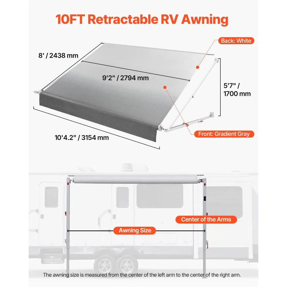 VEVOR Manual RV Awning Complete Kit, 10.12FT Retractable RV Awning with Aluminum Alloy Frame & Waterproof PVC Fabric, Outdoor Camping Trailer Awnings Fit Most RVs (10FT Type, Gradient Gray)