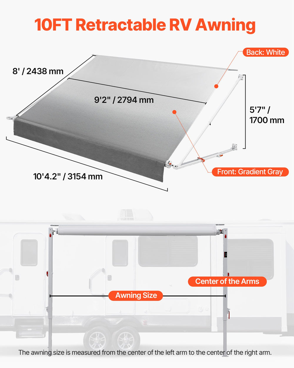 VEVOR Manual RV Awning Complete Kit, 10.12FT Retractable RV Awning with Aluminum Alloy Frame & Waterproof PVC Fabric, Outdoor Camping Trailer Awnings Fit Most RVs (10FT Type, Gradient Gray)